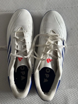 Adidas Copa vita och blå fotbollsskor - Säljer ett par Adidas Copa fotbollsskor i vitt och blått med klassiska tre ränder på sidan. Skorna har snörning, rund tå och är tillverkade i syntetmaterial med mönstrad yttersula för bra grepp. Använda en träning och dom var för små. Köpta för 700kr