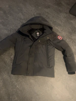 Grå dunjacka från Canada Goose - Säljer en svart dunjacka från Canada Goose med huva och klassisk logga på ärmen. Jackan har dragkedja och knappar framtill samt flera praktiska fickor. Perfekt för kalla vinterdagar och riktigt snygg streetstil. Har just precis kemtvättat den eftersom ja ska sälja den så perfekt skick