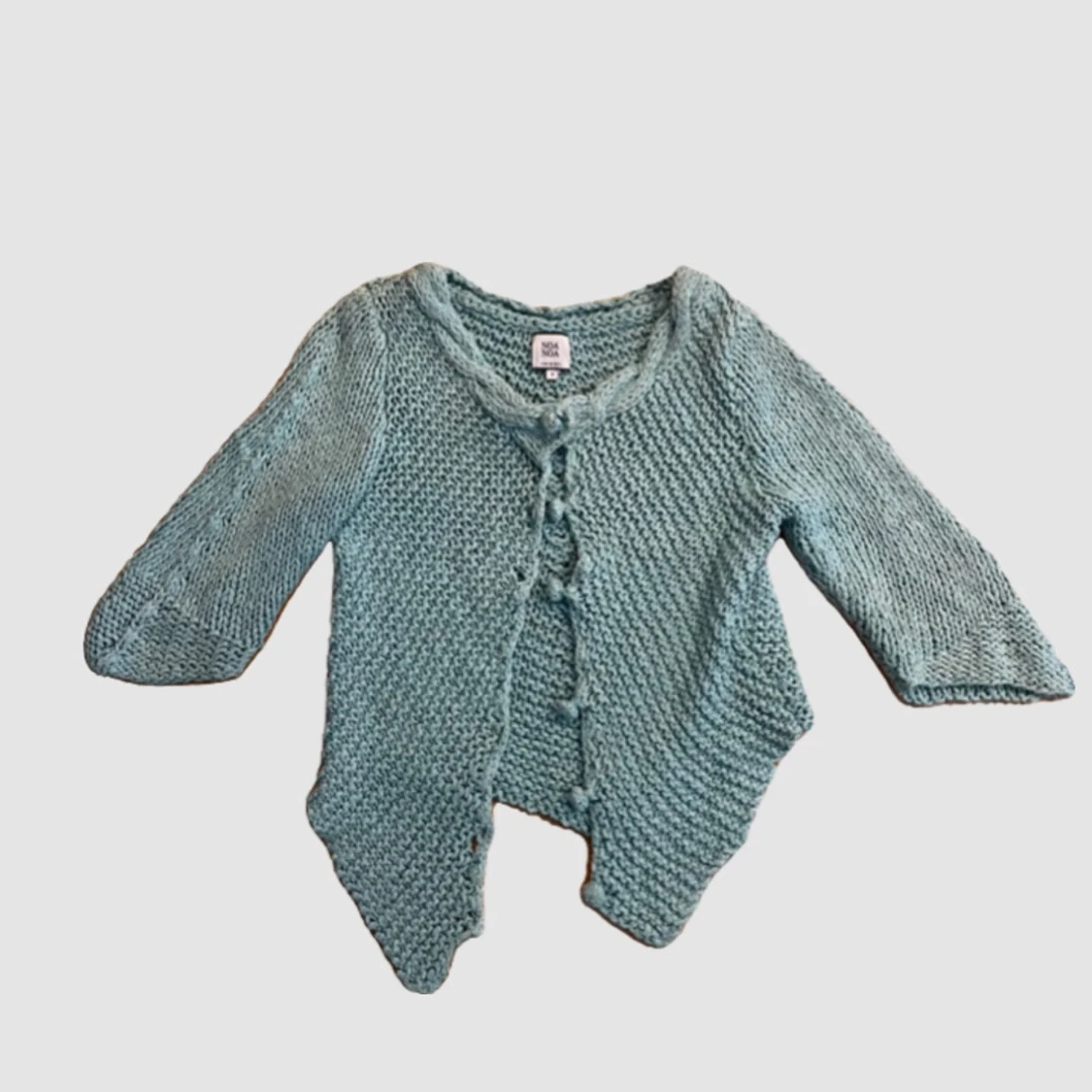 Ljusblå/turkos stickad kofta med knyt