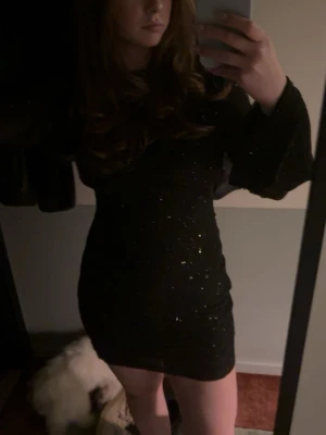 Svart glittrig kortklänning med öppen rygg - Supersnygg svart kortklänning med glittriga detaljer och lång ärm. Klänningen har en djup öppen rygg med knytband och lätt utsvängda ärmar. Perfekt till nyår! Använd endast 2 ggr! 