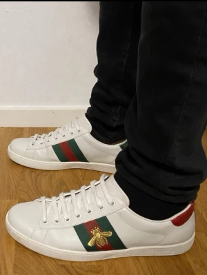 Gucci Ace - Säljer ett par vita Gucci Ace skor som har använts några fåtal gånger men är i mycket bra skick. Ny pris: 7736kr. Skriv vid minsta fundering 😊✨