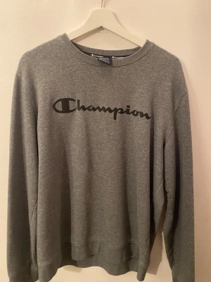 Grå sweatshirt från Champion, stl L - Säljer en grå sweatshirt från Champion i storlek Large. Tröjan har rund halsringning, lång ärm och klassisk svart logga framtill. Mjuk insida och avslappnad passform, perfekt för chill dagar eller streetwear-stil.