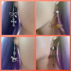 By prisförslag- 1 st örhänge välj bland Fyra unika med motiv - Gäller 1 st. Finns fyra olika örhängen: ett silvrigt kors med rosett, ett guldfärgat fjärilshjärta, ett silvrigt hästmotiv och ett antikguld nyckel med yin-yang pärla. Perfekta för dig som vill mixa stilar och sticka ut med coola detaljer.