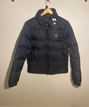 Svart pufferjacka från Dickies  - Stor i storleken! Sitter mer som en S. Säljer en svart pufferjacka från Dickies i storlek XS. Jackan har hög krage, Dickies-logga på bröstet och dragkedja framtill. Tillverkad i glansig polyester med quiltad look och långa ärmar. Perfekt för kalla dagar och riktigt snygg till streetwear.