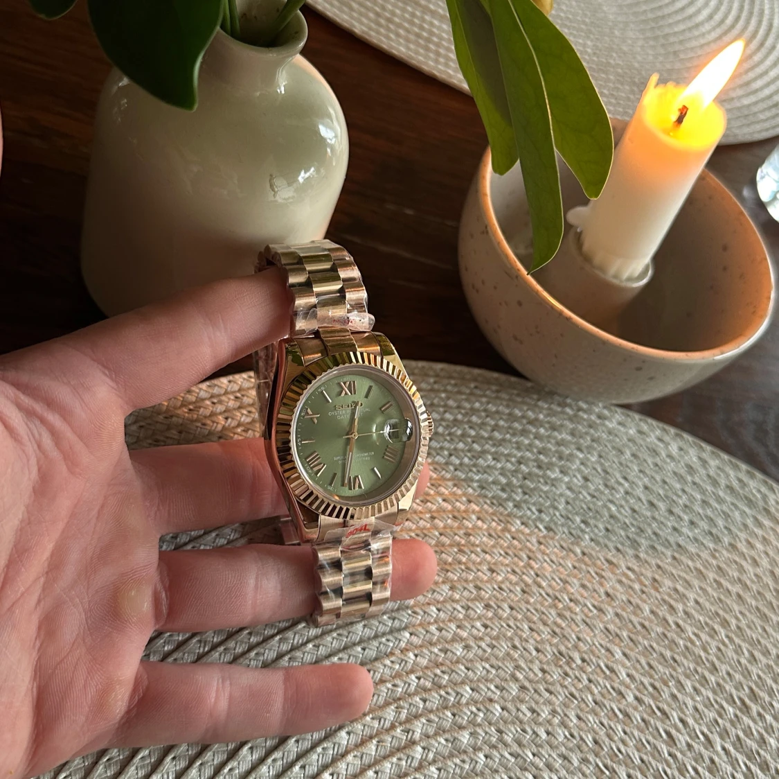 Seiko mod rosé guld roman olive dial presidential 