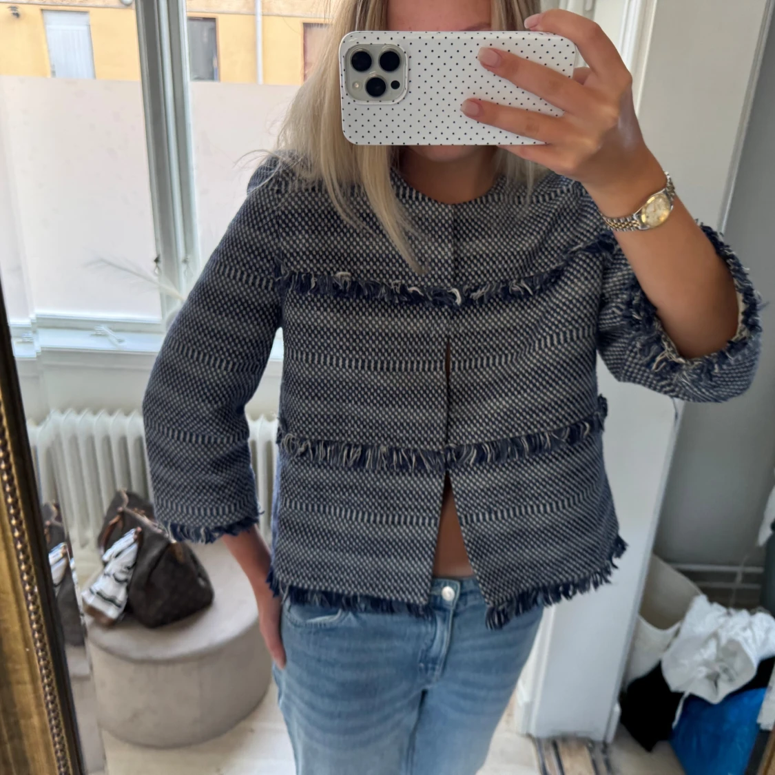 Blåvit rutig overshirt med fransar - 2