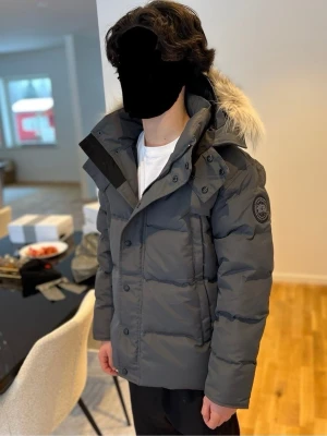 Grå pufferjacka från Canada Goose - Säljer en grå pufferjacka från Canada Goose med avtagbar huva och äkta pälsdetalj. Jackan har långa ärmar, dragkedja och knappar framtill samt logga på ärmen. Perfekt för kalla vinterdagar och riktigt snygg streetstil.