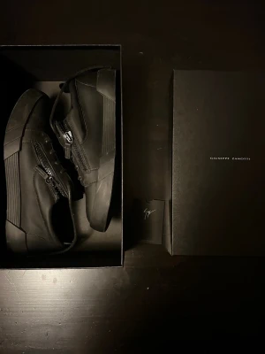 Svarta sneakers från Giuseppe Zanotti - Säljer ett par svarta sneakers från Giuseppe Zanotti, modell Foxy/August Parabolic. Skorna har en chunky sula, snörning och dragkedjor på sidorna för extra edge. Tillverkade i skinn med mattsvart finish och diskret logga på plösen. Riktigt clean och modern look.
