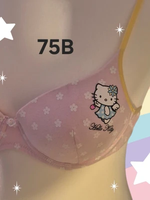 Hello Kitty rosa blommig bh 75B - Supersöt rosa bh med vita små blommor och Hello Kitty-tryck på ena kupan. Smala gula axelband och mjuk bomullskänsla. Perfekt för dig som gillar gulliga detaljer och vill ha något unikt från Sanrio. Varan är oanvänd och kommer från ett konkurslager från 2000-talet. Har fler annonser och bra bundlerabatt vid köp av flera.