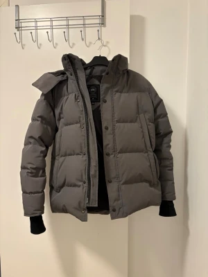 Canada Goose Wyndham - Säljer en grå dunjacka från Canada Goose i storlek M. Jackan har en fluffig pälsdetalj på huvan, quiltad design och både dragkedja och knappar framtill. Perfekt för kalla dagar och riktigt snygg streetstil. Kan funka i extremt kalla miljöer.