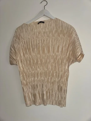Guld plisserad topp med kort ärm - Säljer en guld plisserad topp med kort ärm och rund hals. Toppen har en lös passform och är tillverkad i ett lätt, syntetiskt material som ger ett snyggt fall. Perfekt för dig som gillar stilrena och trendiga plagg.