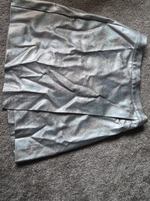 Glittrig silver kortkjol - Säljer en glittrig silverfärgad kortkjol med rak passform. Kjolen har en snygg dragkedja bak och skimrar i ljuset. Perfekt för dig som vill sticka ut och addera lite extra shine till din outfit.