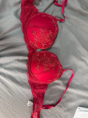 Röd spets-bh med broderi - Snygg röd bh med vadderade kupor och vackert blommigt broderi framtill. Bh:n har spetsdetaljer längs sidorna och justerbara axelband. Materialet är en mix av spets och slät textil som känns mjuk mot huden. Perfekt för dig som vill ha något extra fint under kläderna.
