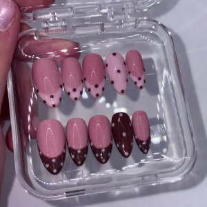 medium almond polkadot french gel-x - handmade gel-x press-ons! size: S  with purchase, you get a care kit including nail glue, sticky tabs, nail file and buffer! feel free to contact me if you have any questions!