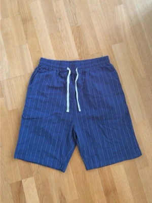 Blå randiga linne  shorts med snörning - Säljer ett par blå shorts med vita tunna ränder och vit snörning i midjan. Shortsen har elastisk midja och är tillverkade i ett lätt och bekvämt material, perfekta för varma dagar. Passar dig som gillar en avslappnad och stilren look.