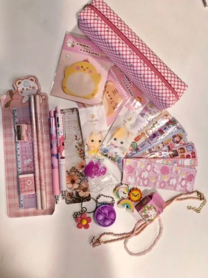 Sött rosa pennfodral & skrivset - Ett kit med rosa rutigt pennfodral, pennor, linjal, suddgummi, stickers, nyckelringar och små anteckningslappar med gulliga djurmotiv. Perfekt för dig som gillar kawaii och söta skrivbordsprylar. Innehåller även armband, halsband och små dekorationer.