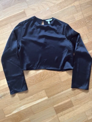 Svart croppad långärmad topp i satin - Snygg svart croppad topp i satinliknande material med långa ärmar och rund halsringning. Toppen har en liten knappdetalj i nacken och en stilren, minimalistisk look som passar perfekt till höga jeans eller kjol.