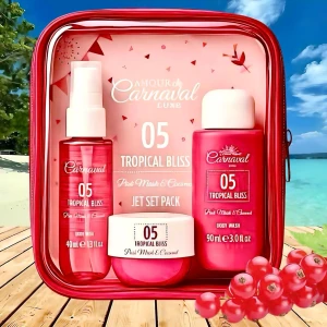 Amour de Carnaval Jet Set Pack! - Amour de Carnaval Jet Set Pack. Necessär med ”Tropical Bliss - Pink Musk & Coconut” Body Mist 40 ml, Body Wash 90 ml & Body Butter 50 ml. Perfekt för stranden eller resan. Oanvänt.