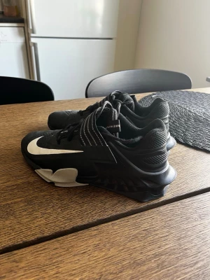 Svarta Nike lyftarskor  - Säljer ett par svarta lyftarskor från Nike, modellen heter Savaleo. Skorna har snörning, vadderad häl och en robust sula som ger bra stöd. Materialet är en mix av mesh och syntet för bra andningsförmåga och komfort.