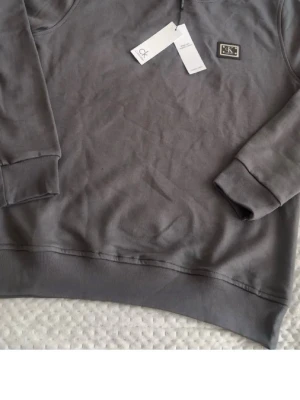 Grå sweatshirt från Calvin Klein - Säljer en stilren grå sweatshirt från Calvin Klein med CK-logga på bröstet. Tröjan har rund halsringning, långa ärmar och breda muddar vid ärmslut och nederkant. Perfekt för en avslappnad och trendig look.
