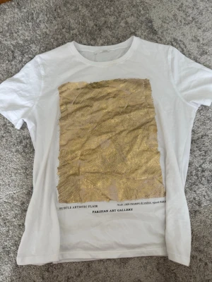 Vit t-shirt med guldtryck från Zara - Snygg vit t-shirt från Zara med ett stort guldigt konsttryck på framsidan och textdetaljer längst ner. Klassisk rund halsringning och korta ärmar. Perfekt för dig som gillar en unik och trendig look.