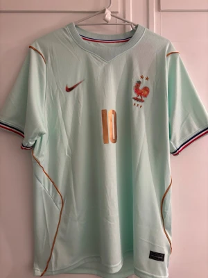 Ljusblå Frankrike fotbollströja Nike - Snygg ljusblå fotbollströja från Nike med Frankrikes landslagsmärke och nummer 10 på bröstet. Röd Nike-logga, guldiga detaljer och texten 'MBAPPE' på ryggen. Tröjan har korta ärmar och tunna ränder i rött, vitt och blått vid ärmsluten.
