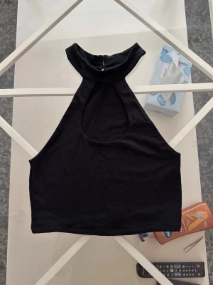 Svart halterneck topp från ASOS - Säljer en svart halterneck topp från ASOS DESIGN. Toppen har hög krage och är ärmlös med en snygg öppen rygg. Perfekt till sommarens outfits och enkel att matcha med olika stilar.