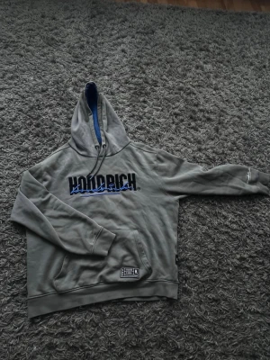 Grå hoodie med blå detaljer - Säljer en grå hoodie med blå insida i huvan och svart-blå text på bröstet. Hoodien har en klassisk huva med dragsko och ribbade muddar vid ärmar och nederkant. Perfekt för en avslappnad streetwear-look.