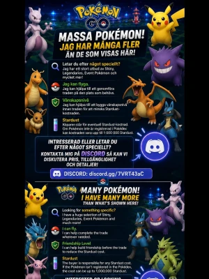 Pokémon GO Trade service! - POKÉMON GO HUGE SELECTION!  🔎 Looking for a specific Pokémon? I offer a huge selection of Shiny, Legendary, Event Pokémon & more!  I can fly to help complete trades wherever needed. 🤝 Need lower Stardust cost? I can help build friendship before the trade! 📌 Buyer covers Stardust cost (up to 1,000,000 if unregistered) 💬 Interested? Contact me for price, availability & details!                                       👉 Discord: pokemon.go.trade.                          👉 https://discord.gg/7VRT43aC