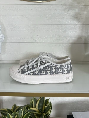 Gråvita Dior sneakers med logga - Snygga låga sneakers från Christian Dior i grått och vitt med tydlig Dior-logga på sidan och tån. Skorna har vita snören, tjock vit sula och canvasmaterial med monogrammönster. Perfekta för dig som gillar exklusiv streetstyle. Har använt dom 1 gång på en ute kväll dom är köpta på plick sen innan och låda medförljs om man vill!!🤗❤️