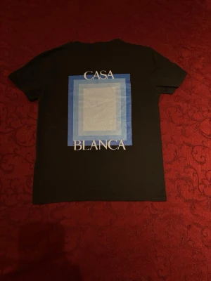 Svart Casablanca t-shirt - Säljer en svart Casablanca T-shirt med ett stort grafiskt tryck i blå toner och den ikoniska CASABLANCA-texten på ryggen. T-shirten har rund hals, korta ärmar och en stilren design som passar både till vardags och för en mer uppklädd streetwear-look. Plagget är i mycket fint skick och väl omhändertaget. Inga hål, fläckar eller andra anmärkningar. 💰 Pris: 450 kr – priset kan diskuteras vid en snabb och smidig affär. Hör gärna av dig om du har frågor eller vill se fler bilder.