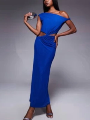 Blå långklänning med cut-out - Snygg blå långklänning med one shoulder och cut-out detalj i midjan. Klänningen har en figurnära passform och är perfekt för dig som vill sticka ut. Materialet ser ut att vara mjukt och följsamt. Aldrig använt 