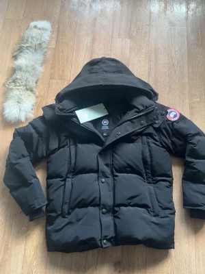 Svart dunjacka från Canada Goose - Säljer en svart dunjacka från Canada Goose med avtagbar huva och pälskant. Jackan har två stora framfickor, dragkedja och knappar framtill samt den klassiska loggan på ärmen. Perfekt för kalla vinterdagar. OBS! Två knappar är sänder men jag har kvar en del av en knapp så du kan säkert fixa en knapp, det märks knappt annars.
