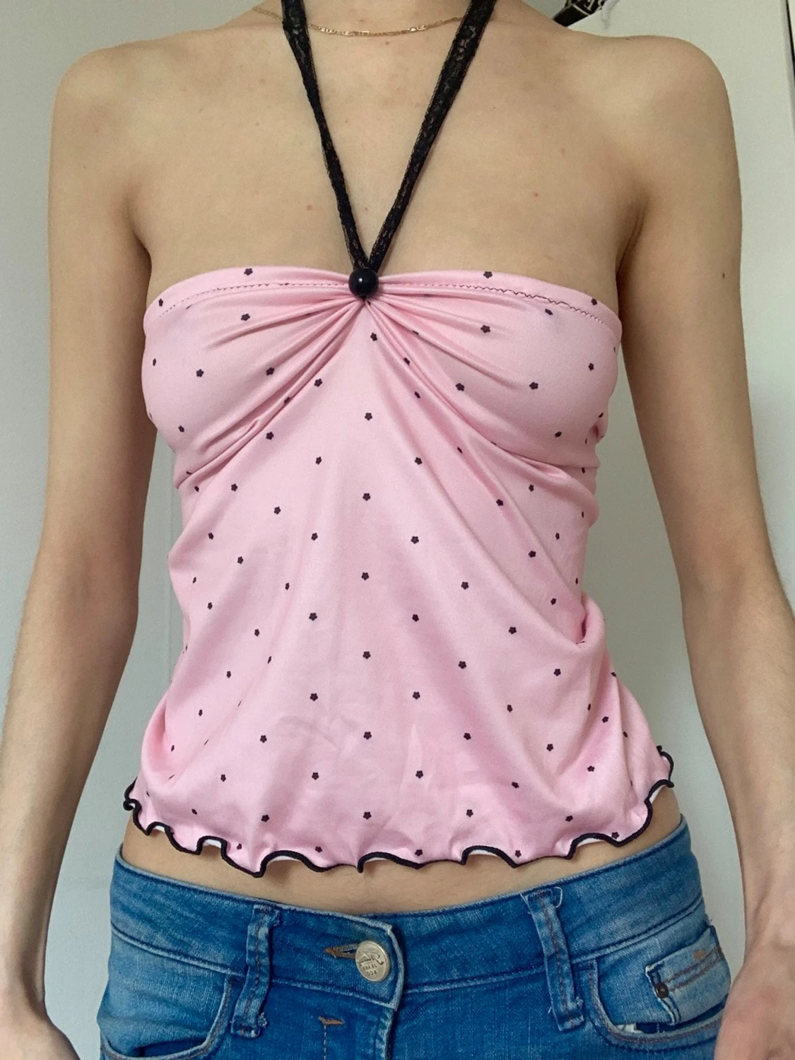 Rosa prickig bandeau topp med knyt - 3