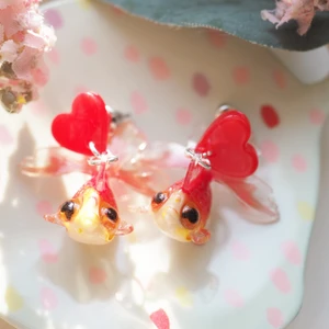 Goldfish with red heart earrings  - Earrings made from acrylic - light weight- colorful 