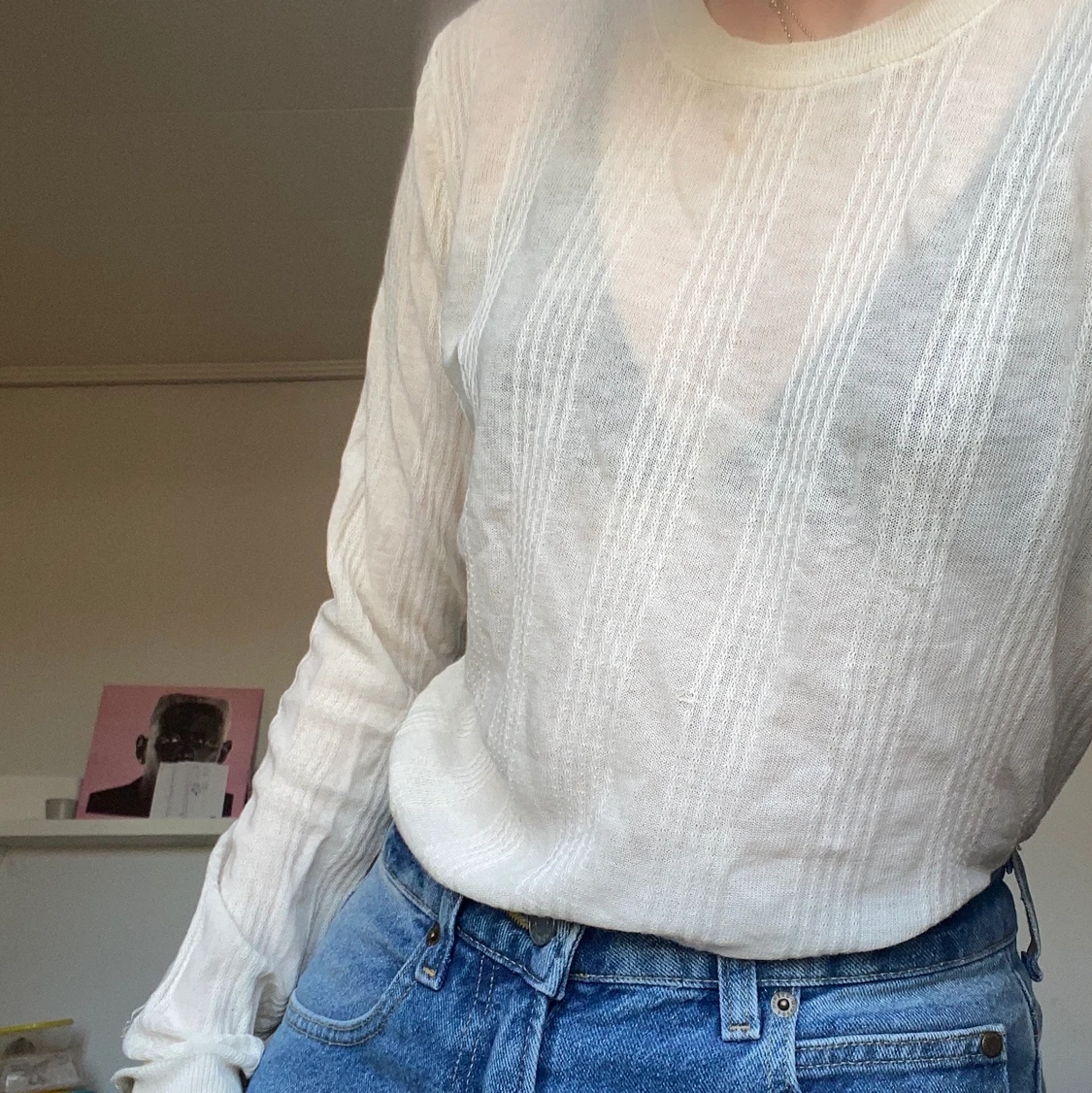 Mesh långärmad tröja med ribbat mönster - 90