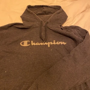 Champion hoodie!  - En snygg champion hoodie i blå-grå färg! Den är i använt skick, lite nopprig därav priset! (Den är inte nopprigare än det som syns på bilderna)! Storlek L men skulle mer säg att det är M faktiskt! Köparen står för frakten (66kr) 🥰