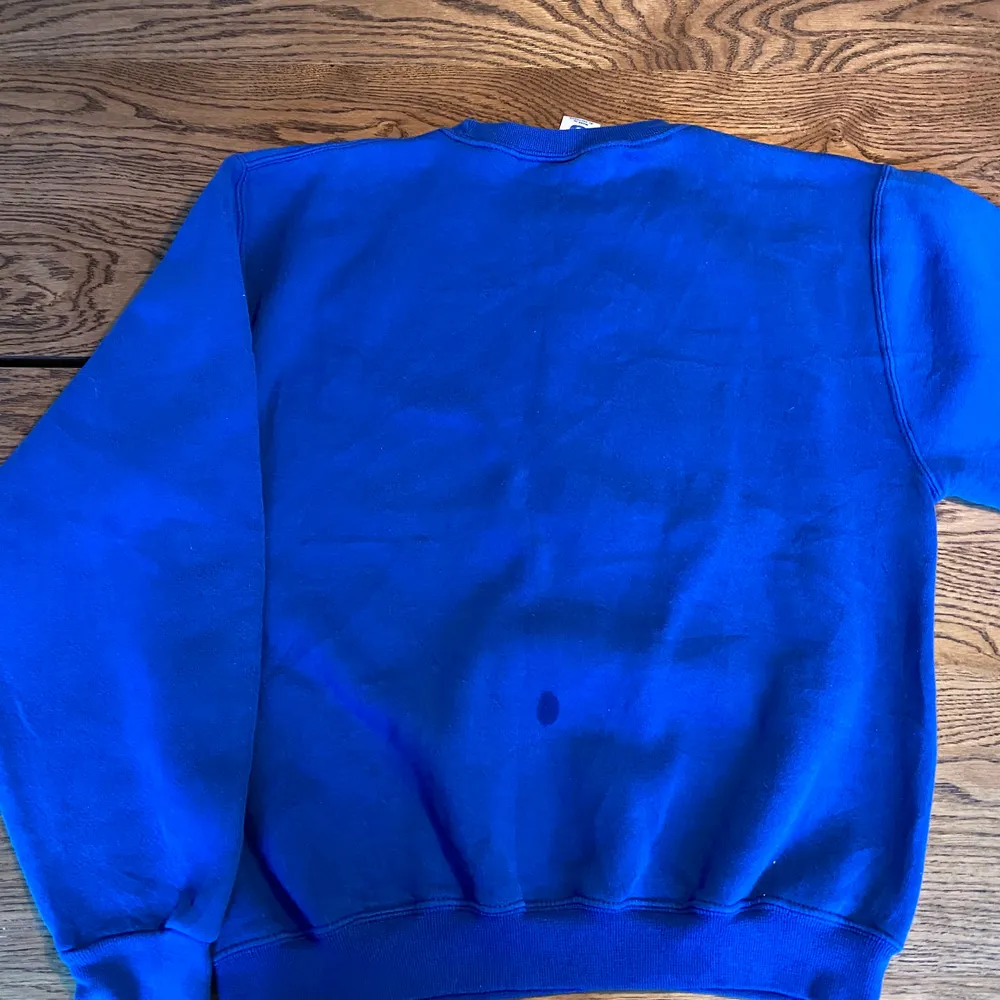 Jätte snygg blå sweatshirt från en vintage butik. Var lite för liten för mig som är kille och brukar ha S/M i storlek. Fläck på nedre rygg. 150kr + frakt. Tröjor & Koftor.