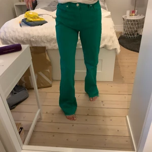 Populära gröna jeans från zara!! - Trendiga skitsnygga populära jeans från zara, tyvärr lite för stora för mig :( Endast använda ett fåtal gånger så det är som nya! Storlek, 38. Jag är 173 lång. Köparen betalar frakten💕