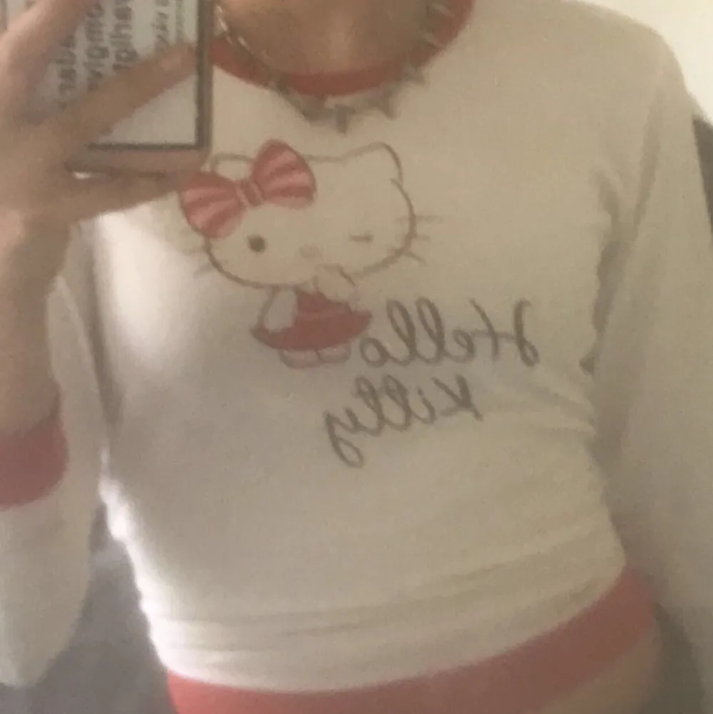 hello kitty tröja köpt på second hand! Jätte fin och i bra skick. Den är för barn men den passar mig bra som är ca 160 och den kan passa större/längre personer:) Kan mötas upp i sthlm eller posta:). Tröjor & Koftor.