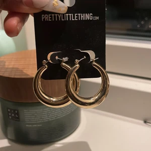 Guld örhängen från prettylittlething. - säljer ett par guldfärgade örhängen från prettylittle thing, när jag gick hem dom fick jag inte tillfälle att ha på mig dom och tycker inte att dom passar mig eftersom att jag har ett litet öra. För er som är allergiska så är dom inte äkta guld⚠️