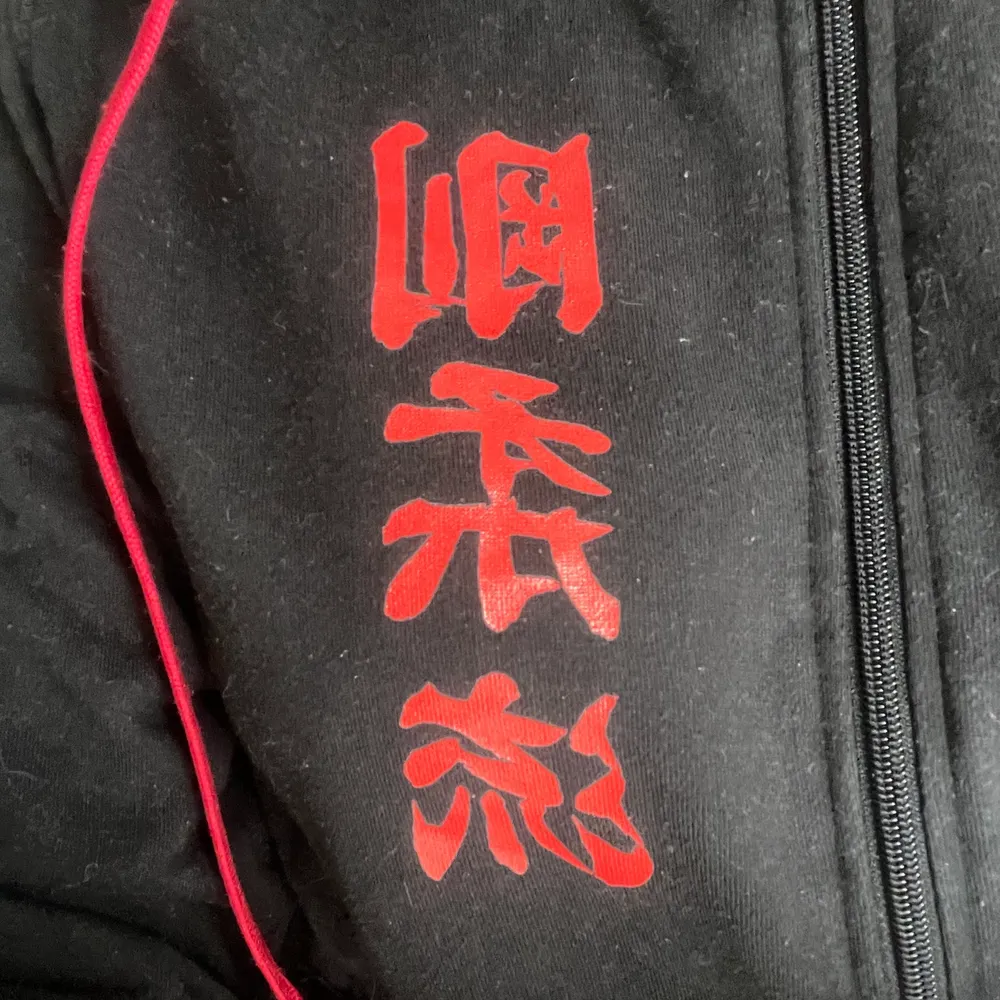 En svart hoodie med japanska tecken! Är i strl 150, men passar nog en person med xs väldigt bra! Säljer för att den är för liten. Finns inte tillgänglig att köpa från vanlig butik!. Hoodies.