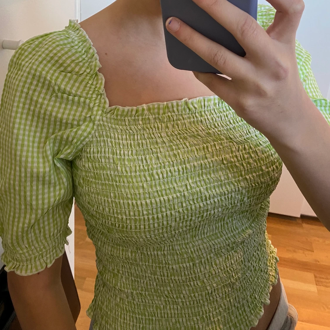 Rutig blus limegrön - 90