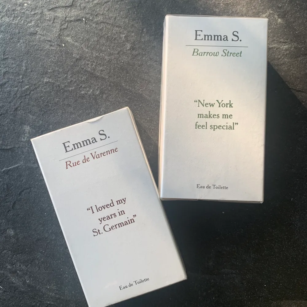 Två parfymer från Emma S. (Rue de Varenne & Barrow Street). Oöppnade med plast på men kom aldrig till användning. Ordinarie pris. 499kr/st                                      men säljer för 250kr/st eller båda för 450kr . Övrigt.