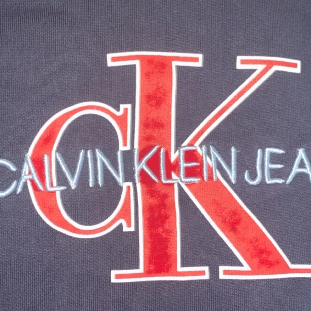En fin marinblå Calvin Klein hoodie med in broderat Calvin Klein jeans i ljusblått och tryckt CK i rött Trycket är lite slitet efter tvätt men ändå i bra skick (8/10). Tröjor & Koftor.