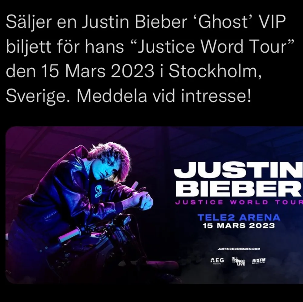 Då jag tyvärr måste prioritera annat väljer jag nu att sälja min VIP biljett för Justin Biebers Sverige konsert den 15 Mars 2023. Nypris 2905kr men säljer för ett reducerat pris på 2500kr. . Övrigt.