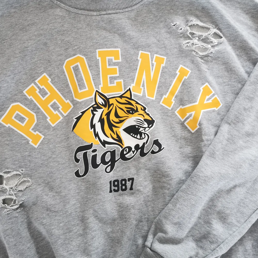 Riktigt cool sweatshirt med slitna hål. Givetvis meningen dom ska vara där. Grå botten med gul text och tiger på. Strl S. 150kr eller Bud. Köparen står för frakten och jag tar alltid 2 kr för emballage. . Tröjor & Koftor.