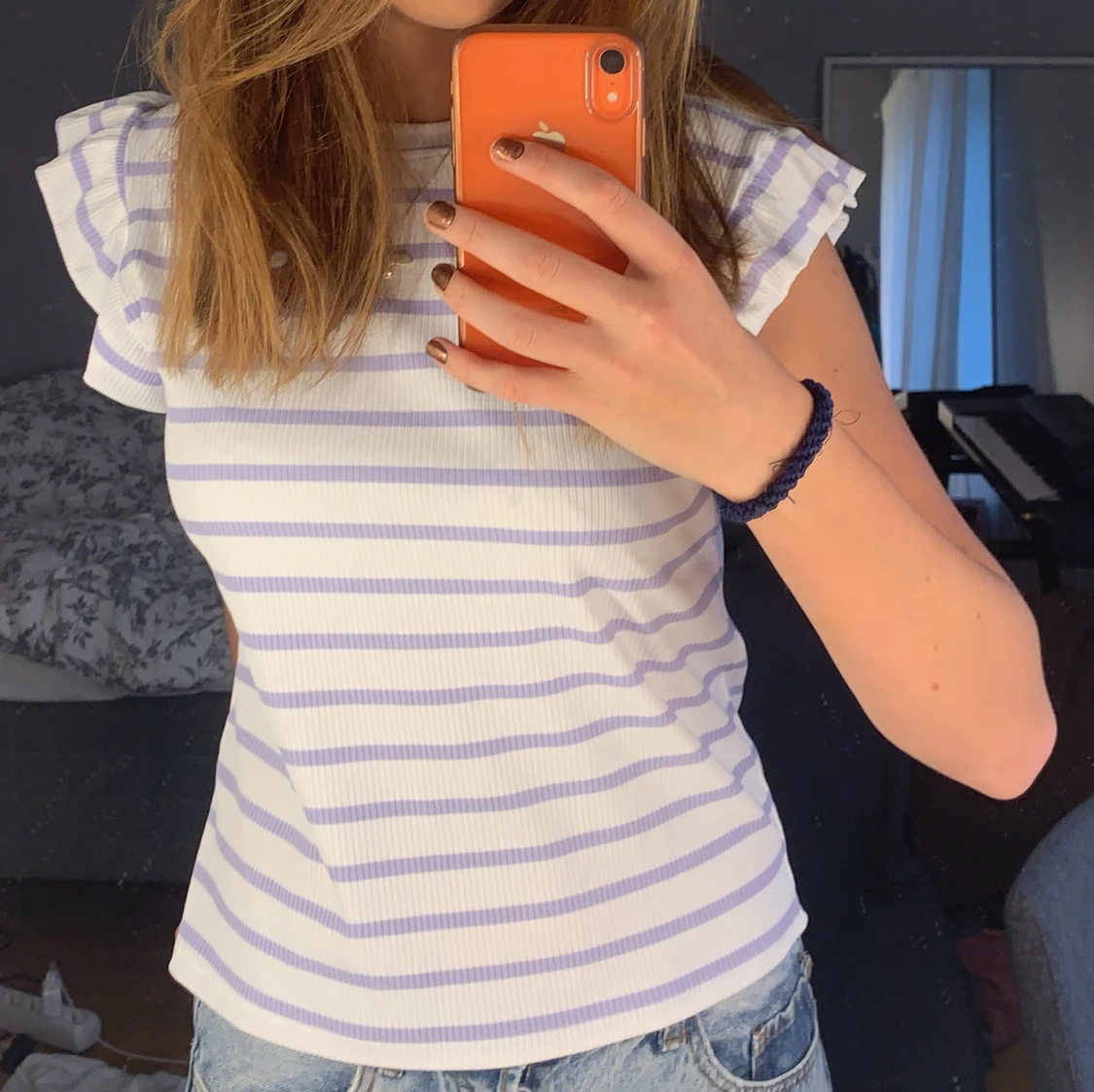 Randigt linne med volang - 90