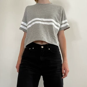 Grå t-shirt från Hollister - En grå t-shirt från Hollister med vita vertikala ränder. Använd ett fåtal gånger, alltså i mycket fint skick. Tveka inte att kontakta mig vid frågor!