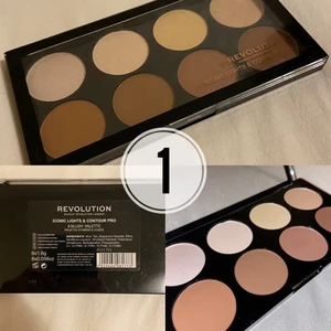 Oanvända smink paletter - Säljer tre stycken helt orörda sminkpaletter från Make up revolution.  1. ”Iconic lights & contour pro” en puder contour palett med 8 färger. 2. ”Re-loaded basic mattes” en multi syftes palett med 15 färger, endast matta varma toner. 3. ”Bronze palette alla about bronze” en puder bronzer palett med 8 färger.  Ingen av paletterna är ens swatchade och nr 2 har fortfarande plombering kvar.  Nypris per styck ca 100kr (300kr totalt). Säljer alla 3 tillsammans för 100kr.